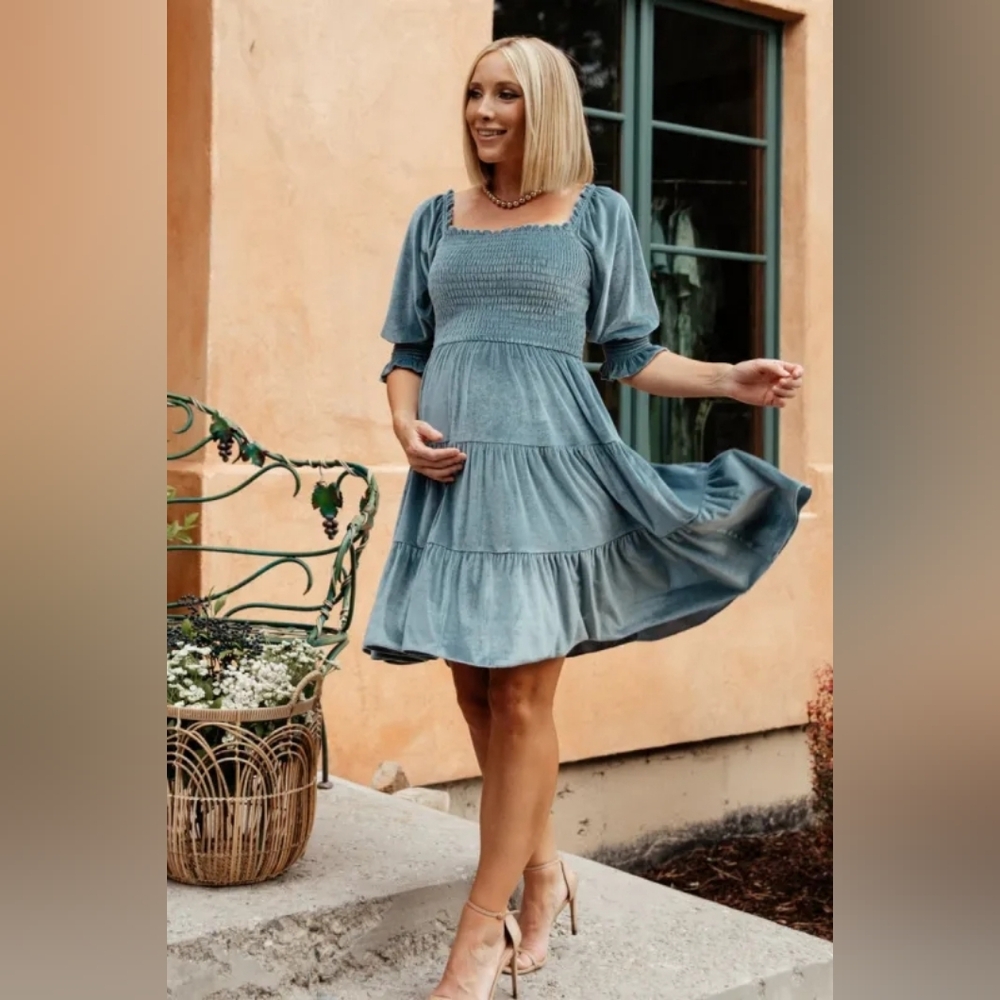 BALTIC BORN Bliss Smocked Velvet Short Dress Dusty Blue Small Puff Sleeve